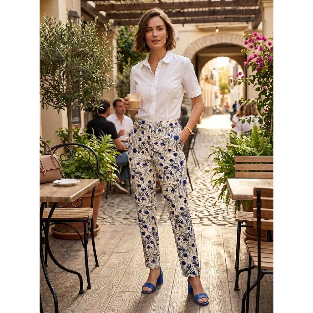 Zara Women Dress Pant Basic Floral Blue Whit High Waist Slim Straight Trouser XS